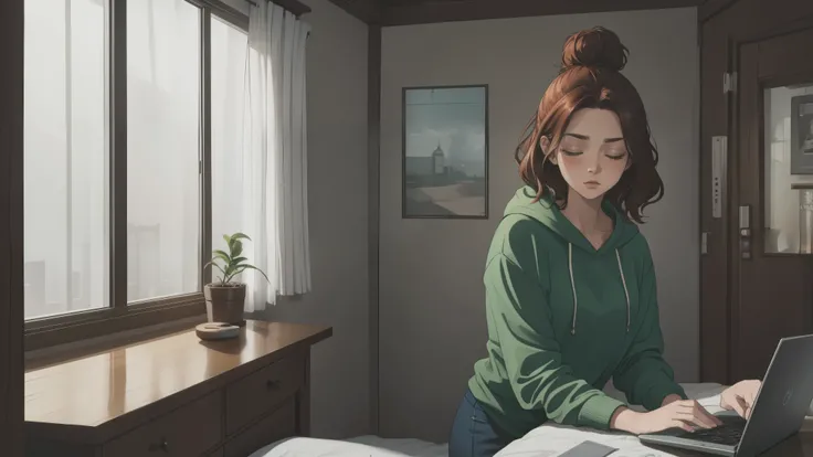 "A cozy and cinematic bedroom with a dark, rainy atmosphere featuring A woman big bobs with short wavy auburn hair tied in a loose bun, wearing a lush grey hoodie and fit jeans, The woman is focused on typing on a laptop placed on the desk. The room is ill...