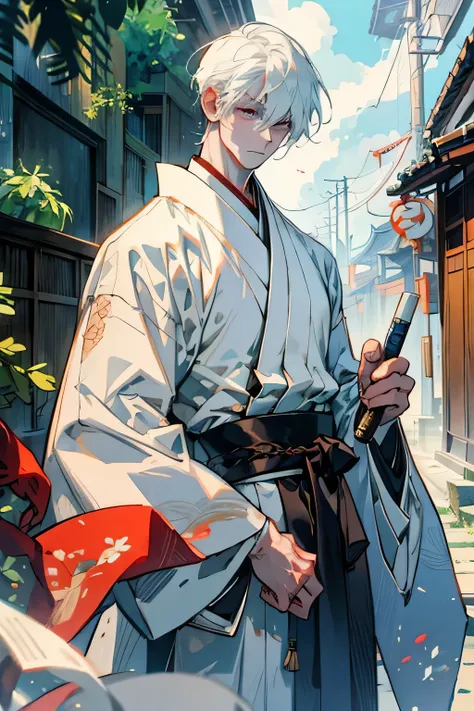 Male Albino  tall and muscular body with a white hair with white eyes wearing a white kimono with a japanese club in his hand