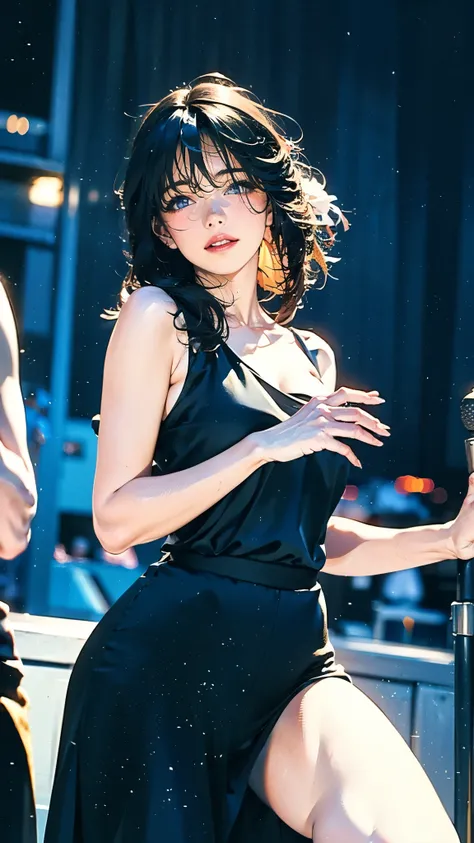(masterpiece:1.2, best quality:1.2, extremely delicate:1.2), Nakatani Miki, a beautiful woman with medium length black hair, flawless oval face, passionate gaze, sweet smile, perfect smille, blush, seductive expression, tall and graceful figure, perfect bo...