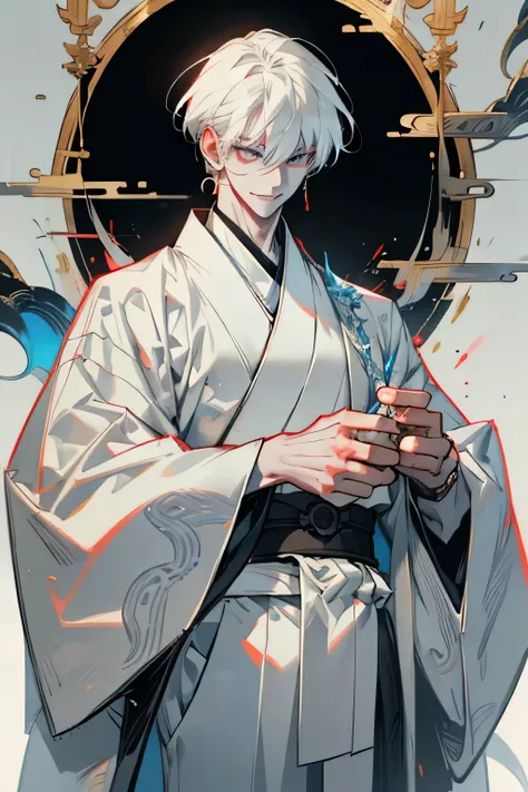 Male Albino tall and muscular body with a white hair with white eyes wearing a white kimono and have a menacing smile in his face