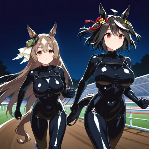 2girls,Satono Diamond(umamusume),Kitasan Black(umamusume), underbust, underbust, breasts,((expressionless)), closed mouth,(two breast),((empty eyes)),Running, ((latex skin tight)),(( horse racing track, dark,)), masterpiece, best quality, amazing quality, ...