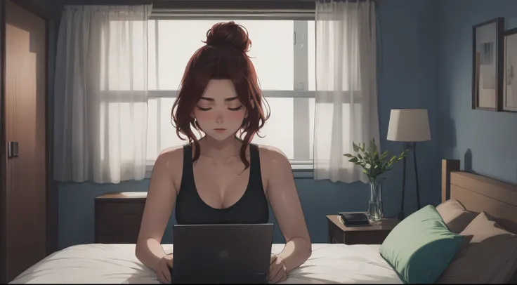 "A cozy and cinematic bedroom with a dark, rainy atmosphere featuring A woman big bobs with short wavy auburn hair tied in a loose bun, wearing a lush pink tank top and fit jeans, The woman is focused on typing on a laptop placed on the desk. The room is i...