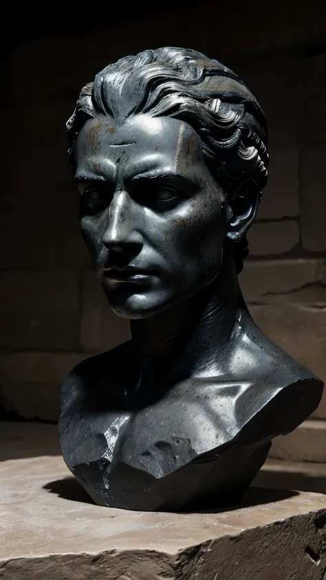 This image depicts a stunning, surreal reinterpretation of a classical bust, resembling the likeness of Julius Caesar. The sculpture is meticulously crafted to emulate Caesar’s iconic features—strong, stoic facial structure, sharp cheekbones, and a dignifi...