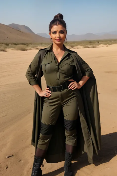 Full body photo of 50YO MATURE MILF AISHWARYA RAI as SEXY ARMY MILF COMMANDO, WEARING (((OLIVE GREEN ARMY UNIFORM))), ((((DARK SMOKY EYE MAKEUP AND FALSE EYELASHES)))), COMBAT BOOTS, COMBAT GLOVES, KNEEPADS, ((UNBUTTONED SHIRT SHOWING CLEAVAGE)), intricate...