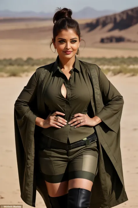 Full body photo of 50YO MATURE MILF AISHWARYA RAI as SEXY ARMY MILF COMMANDO, WEARING (((OLIVE GREEN ARMY UNIFORM))), ((((DARK SMOKY EYE MAKEUP AND FALSE EYELASHES)))), COMBAT BOOTS, COMBAT GLOVES, KNEEPADS, ((UNBUTTONED SHIRT SHOWING CLEAVAGE)), intricate...