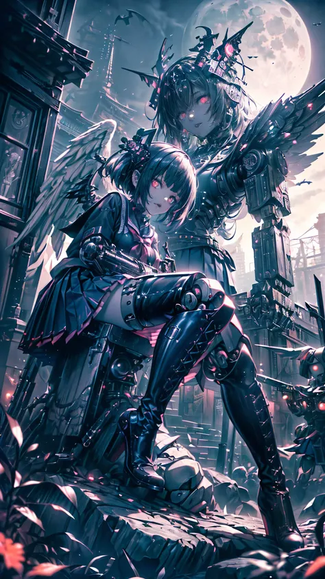 masterpiece,(Best Quality),Very detailed,Very detailed,One メカニカル high schoolgirl and one giant robot,(Fantastic landscapes of Japan、Cyberpunk Kyoto city and Temple:1.2),(BLACK Gothic punk high school girl costume、Navy color pleated skirt、Knee-high boots:1....