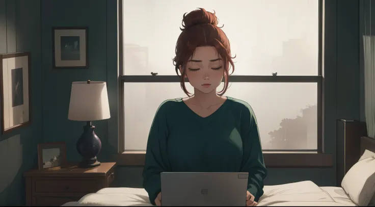 "A cozy and cinematic bedroom with a dark, rainy atmosphere featuring A woman big bobs with short wavy auburn hair tied in a loose bun, wearing a lush pink top and fit jeans, The woman is focused on typing on a laptop placed on the desk. The room is illumi...