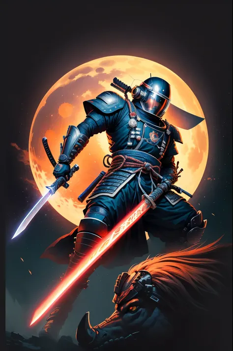 illustration of an astronaut in a space suit with a sword, Samurai moon bull ,  inspired by Kanō Hōgai , en el estilo de la obra de arte  by Dan Mumford , inspired by Noriyoshi Ohrai, Samurai cyborg, pintura  by Dan Mumford , en el estilo artístico  by Dan...