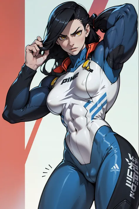 1 girl, black hair, yellow eyes, very long hair, pale skin, ((((extremely muscular)))), large breasts, (confident expression), pilot suit, close up