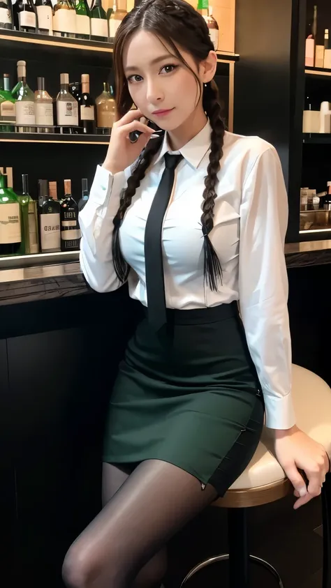 mature bewitching adult、Braided hair 、 bartender 、White perfect cutter shirt for adults、Im wearing a black green tie、 is wearing a perfect black miniskirt、 wearing black tights、Sitting on a stylish chair、A futuristic cyber bar、 holding a cocktail 