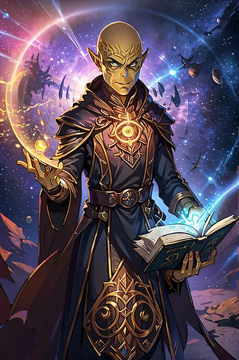 male battle magician Git-Yanka , Full equipment , bald, in the hands of a spell book that glows, against the background of many open portals to other worlds of space, sits in the lotus position and reads a book