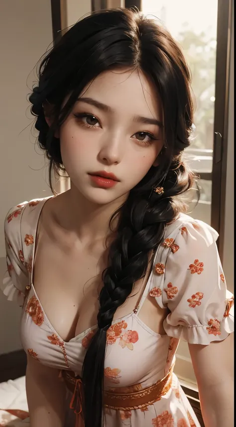 Amazing portrait of a woman who is 30 years old and an adult and a sexy woman in a bedroom with a beautiful detailed face emphasised by some amazing makeup wearing an orange maxi dress with floral patterns and a square neckline that emphasizes her medium c...