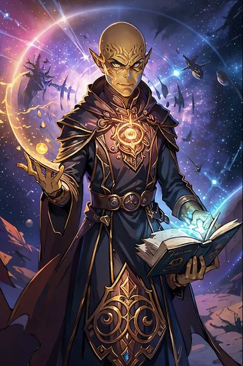 male battle magician Git-Yanka , Full equipment , bald, in the hands of a spell book that glows, against the background of many open portals to other worlds of space, sits in the lotus position and reads a book