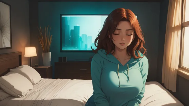 "A cozy and cinematic bedroom with a dark, rainy atmosphere featuring A woman medium boobs with short wavy auburn hair, wearing a lush cream hoodie and fit jeans. The room is illuminated by moody neon lights in shades of warm orange and teal, casting a sof...