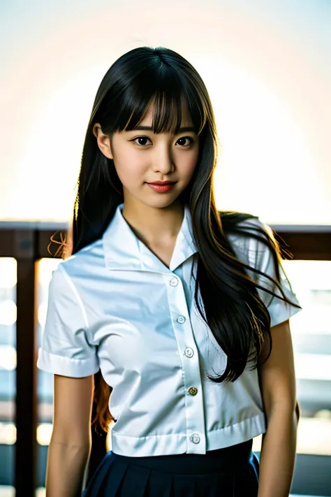 (Draw only one woman), Beautiful 18 year old Japanese woman, ( white shirt 、 a high school girl is wearing a sailor suit : 1.2), ( It is similar to a Japanese strict girls school sailor suit ), (   dark blue pleated skirt  、 dark blue high socks : 1.2), ( ...