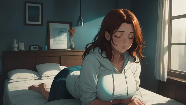 "A cozy and cinematic bedroom with a dark, rainy atmosphere featuring A woman medium boobs with short wavy auburn hair, wearing a lush cream hoodie and fit jeans laying on the bed. The room is illuminated by moody neon lights in shades of warm orange and t...