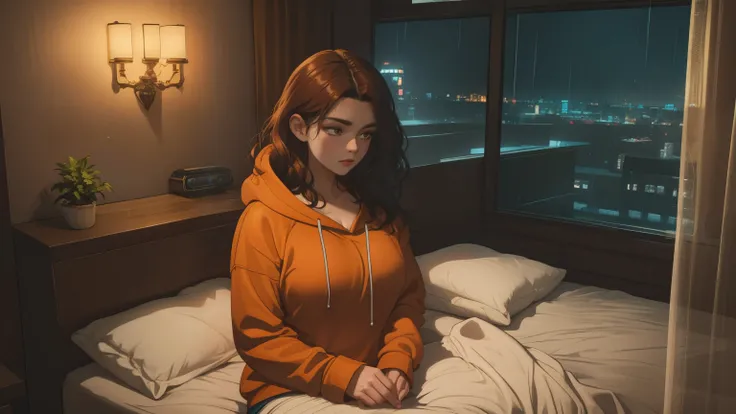 "A cozy and cinematic bedroom with a dark, rainy atmosphere featuring A woman medium boobs with short wavy auburn hair, wearing a lush cream hoodie and fit jeans laying on the bed. The room is illuminated by moody neon lights in shades of warm orange and t...