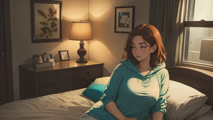 "A cozy and cinematic bedroom with a dark, rainy atmosphere featuring A woman medium boobs with short wavy auburn hair, wearing a lush cream hoodie and fit jeans laying on the bed. The room is illuminated by moody neon lights in shades of warm orange and t...