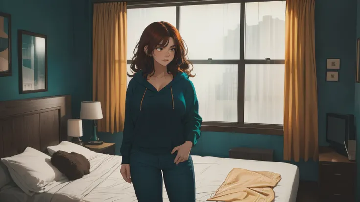 "A cozy and cinematic bedroom with a dark, rainy atmosphere featuring A woman medium boobs with short wavy auburn hair, wearing a lush cream hoodie and fit jeans laying on the bed. The room is illuminated by moody neon lights in shades of warm orange and t...