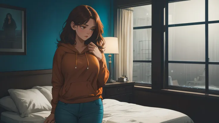 "A cozy and cinematic bedroom with a dark, rainy atmosphere featuring A woman medium boobs with short wavy auburn hair, wearing a lush cream hoodie and fit jeans laying on the bed. The room is illuminated by moody neon lights in shades of warm orange and t...