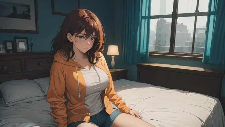 "A cozy and cinematic bedroom with a dark, rainy atmosphere featuring A woman medium boobs with short wavy auburn hair, wearing a lush cream hoodie and fit jeans laying on the bed. The room is illuminated by moody neon lights in shades of warm orange and t...