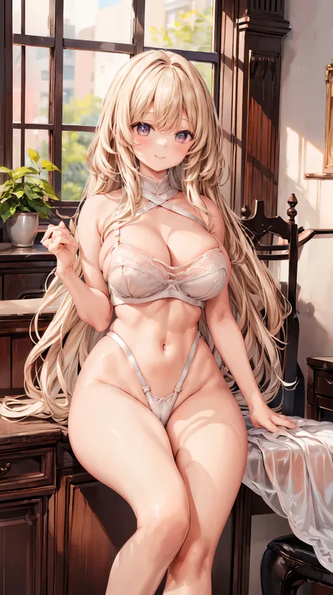 masterpiece、 high image quality、( SFW giant sitting on his back)、(standing:1.5)、( very large breasts:1.7)、 long hair 、Blonde、 abs、 cowboy shot 、 lingerie、Bra、thong、Panty、Beautiful hands、Beautiful fingers、 smiles