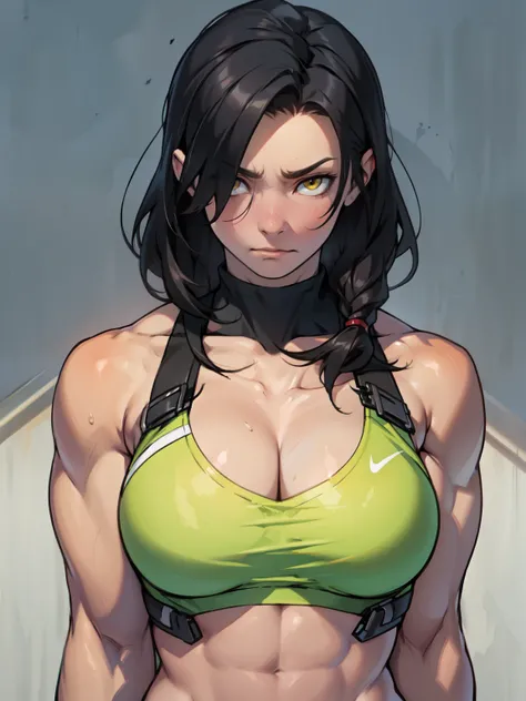 perfect anatomy muscular girl big breasts empty eyes embarrassed black hair yellow eyes pale skin 