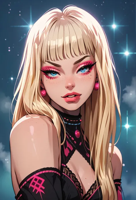 Hyper-realistic vivid digital art. Medium shot. A (twenty-five-year-old) female model with long, white blonde and pinky dyed hair, dressed in a sleek, form-fitting pastel skirt, poised confidently on a luxurious bed under glowing neon lights. Close up. Ins...