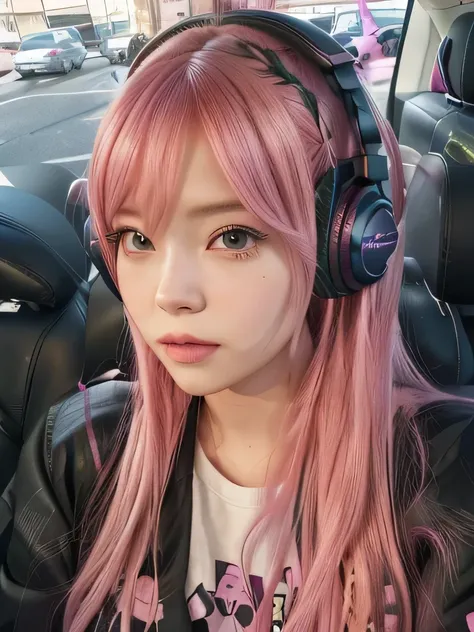 arafed woman with pink hair wearing headphones in a car, belle delphine, with pink hair, lalisa manobal, the hime cut, anime girl in real life, anime vibes, lalisa manoban of blackpink, e - girl, e-girl, pink straight hair, pink headphones, jossi of blackp...