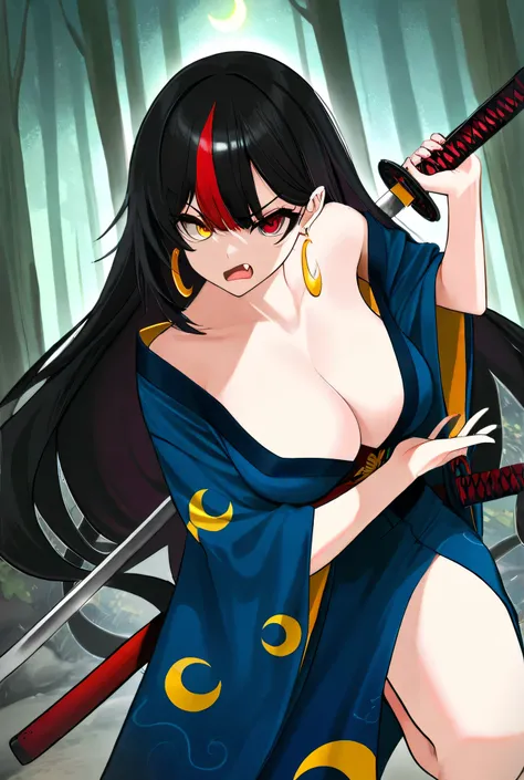 1girl, Very Long Hair, Breasts, Crescent Earrings, Red Eyes, Fang, Heterochromia, Angry, POV, Optical Illusion, Anatomically Correct, Kimono, Katana in hands, Swordsman stance, ancient forest, High Quality, High Details, 