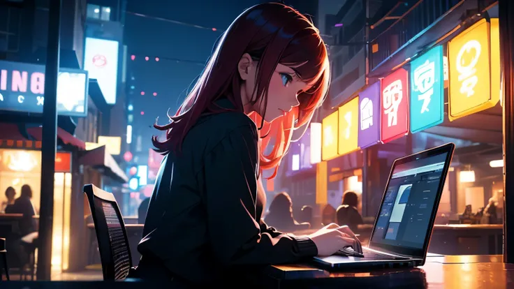 a girl working on her laptop at night, focused expression, digital art, vibrant colors, highly detailed, realistic, cinematic lighting, moody atmosphere, ambient glow, blurred background, 8k, photorealistic, masterpiece