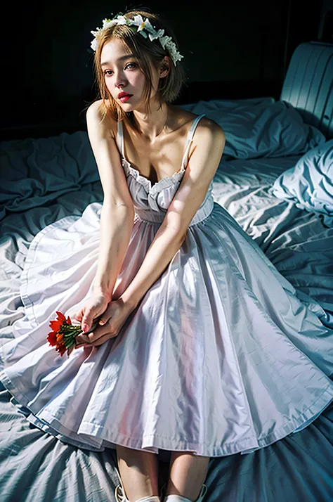 A girl with short hair down to her neck, blonde and straight, has blue eyes and red lips, wears a white dress with straps and a long skirt down to her feet, with a garland of flowers on her head. 