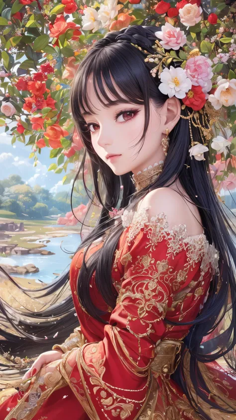 (( top quality)),( super high resolution ),( more),( detailed description ),(( best CG )),( Best Artwork ), Ultra Precision Art, Amazing Painting Art,(Exquisite art:1.5),  Woman in a Red Dress ,  white skin, Brilliant embroidery ,  detailed down to the sma...