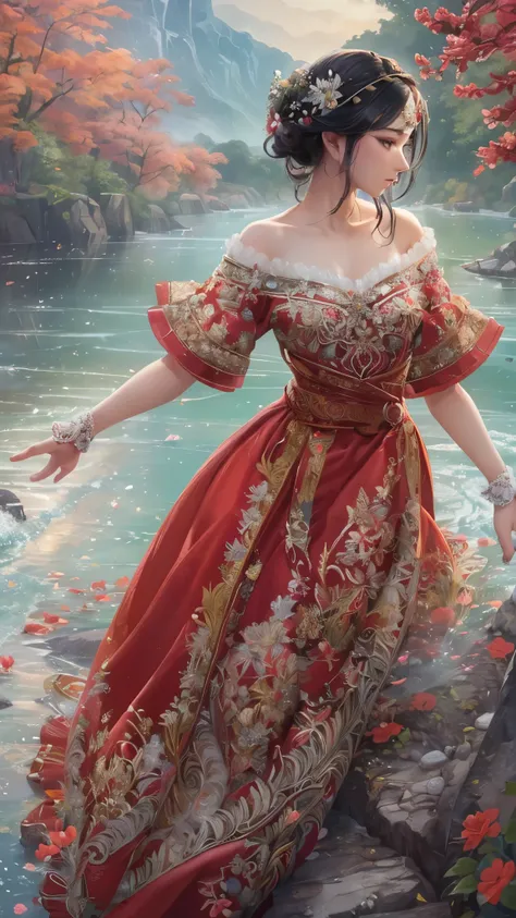 (( top quality)),( super high resolution ),( more),( detailed description ),(( best CG )),( Best Artwork ), Ultra Precision Art, Amazing Painting Art,(Exquisite art:1.5),  Woman in a Red Dress ,  white skin, Brilliant embroidery ,  detailed down to the sma...