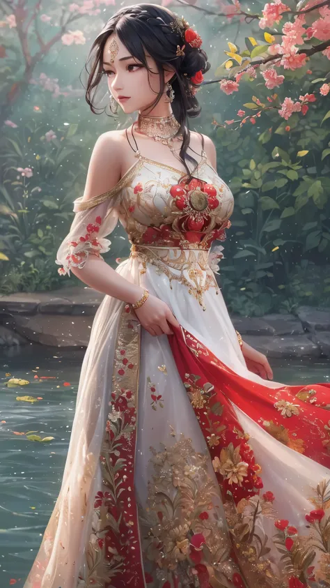 (( top quality)),( super high resolution ),( more),( detailed description ),(( best CG )),( Best Artwork ), Ultra Precision Art, Amazing Painting Art,(Exquisite art:1.5),  Woman in a Red Dress ,  white skin, Brilliant embroidery ,  detailed down to the sma...