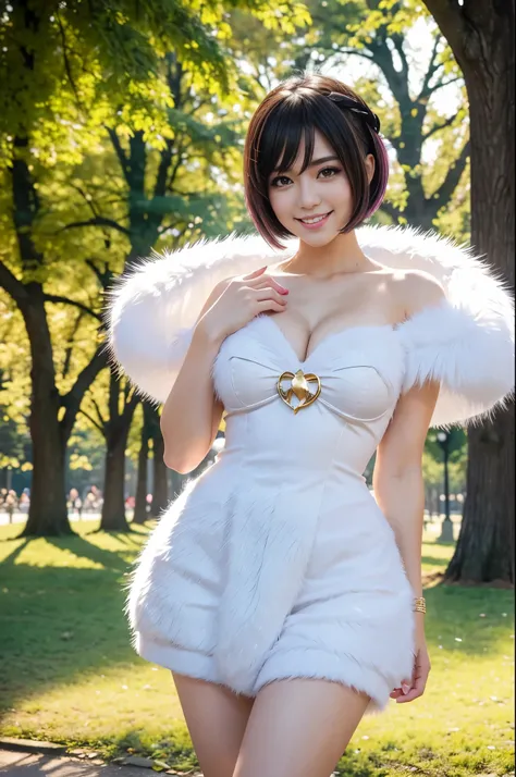 ultra sexy female, (-anime), only 1 female, very short hair, beautiful smile, lip-gloss, long lashes, defined eyebrows, magical girl cosplay, fluffy fur vivid colors outfit, cosplay accessoires, look at the camera, cinematic light, large park background wi...