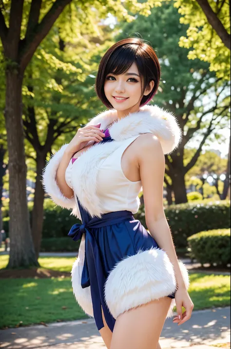 ultra sexy female, (-anime), only 1 female, very short hair, beautiful smile, lipgloss, long lashes, defined eyebrows, magical girl cosplay, fluffy fur vivid colors outfit, cosplay accessoires, look at the camera, cinematic light, large park background wit...