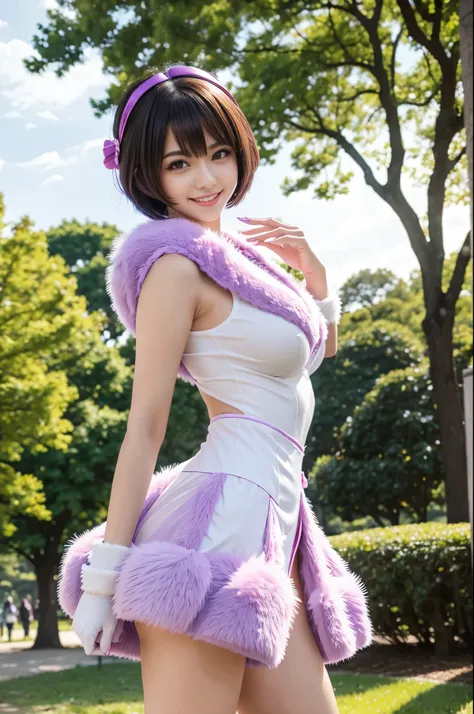 ultra sexy female, (-anime), only 1 female, very short hair, beautiful smile, lip-gloss, long lashes, defined eyebrows, magical girl cosplay, fluffy fur vivid colors outfit, cosplay accessoires, look at the camera, cinematic light, large park background wi...