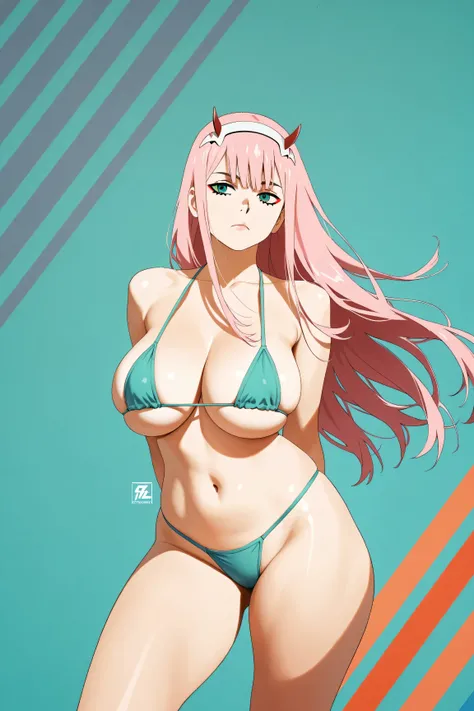 Zero Two from Darling in the Franxx, horns, pink hair, teal eyes, huge breasts, and thick thighs, lingerie, standing in a relaxed contrapposto pose with her hands behind her back, she’s facing viewer straight, having a dramatic, neutral expression on her y...