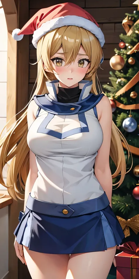 1 Female,High definition,high resolution,Ultra-realistic,8K, ta1, blonde hair, long hair, yellow eyes,white jacket, sleeveless ,fingerless gloves,blue skirt, tight skirt, miniskirt,large breasts,European,sexy,Photographed from the front,Dynamic Angles,(blu...