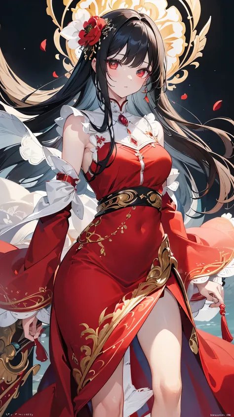 (( top quality)),( super high resolution ),( more),( detailed description ),(( best CG )),( Best Artwork ), Ultra Precision Art, Amazing Painting Art,(Exquisite art:1.5),  Woman in a Red Dress ,  white skin, Brilliant embroidery ,  detailed down to the sma...