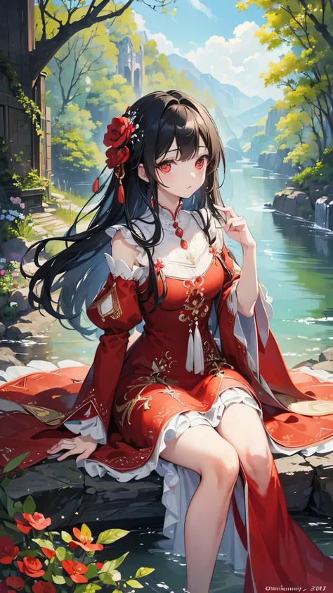 (( top quality)),( super high resolution ),( more),( detailed description ),(( best CG )),( Best Artwork ), Ultra Precision Art, Amazing Painting Art,(Exquisite art:1.5),  Woman in a Red Dress ,  white skin, Brilliant embroidery ,  detailed down to the sma...