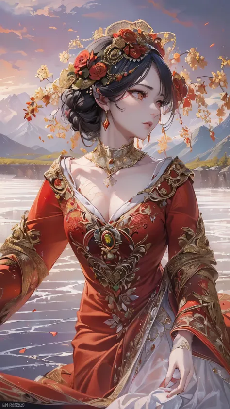 (( top quality)),( super high resolution ),( more),( detailed description ),(( best CG )),( Best Artwork ), Ultra Precision Art, Amazing Painting Art,(Exquisite art:1.5), (( Woman in a Red Dress :1.6)),  white skin, Brilliant embroidery ,  detailed down to...