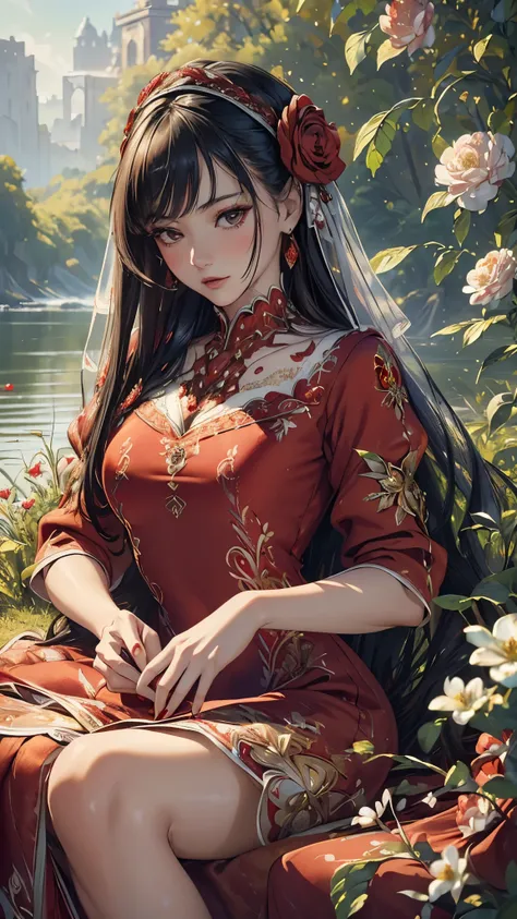 (( top quality)),( super high resolution ),( more),( detailed description ),(( best CG )),( Best Artwork ), Ultra Precision Art, Amazing Painting Art,(Exquisite art:1.5), (( Woman in a Red Dress :1.6)),  white skin, Brilliant embroidery ,  detailed down to...