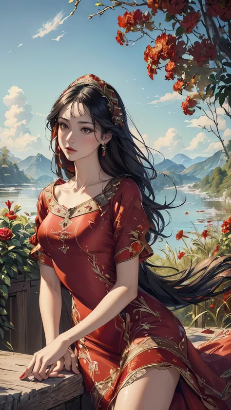 (( top quality)),( super high resolution ),( more),( detailed description ),(( best CG )),( Best Artwork ), Ultra Precision Art, Amazing Painting Art,(Exquisite art:1.5), (( Woman in a Red Dress :1.6)),  white skin, Brilliant embroidery ,  detailed down to...