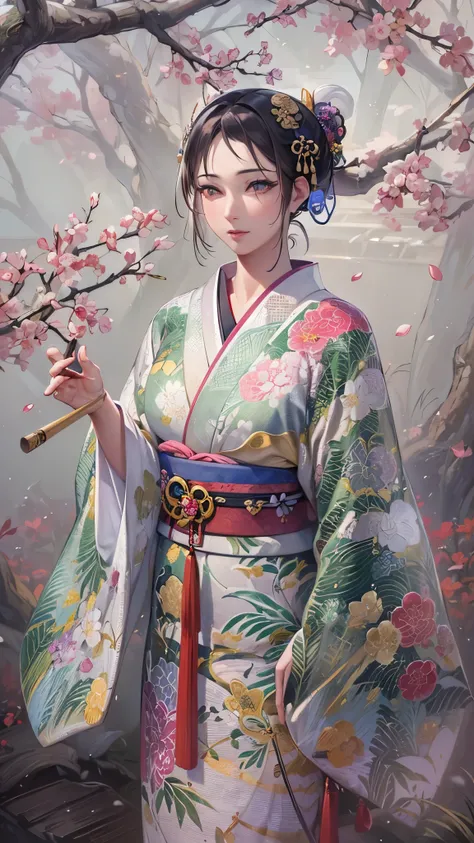 (( top quality)),( super high resolution ),( more),( detailed description ),(( best CG )),( Best Artwork ), Ultra Precision Art, Amazing Painting Art,(Exquisite art:1.5), A woman in a kimono, Yingchun, Pine, bamboo and plum