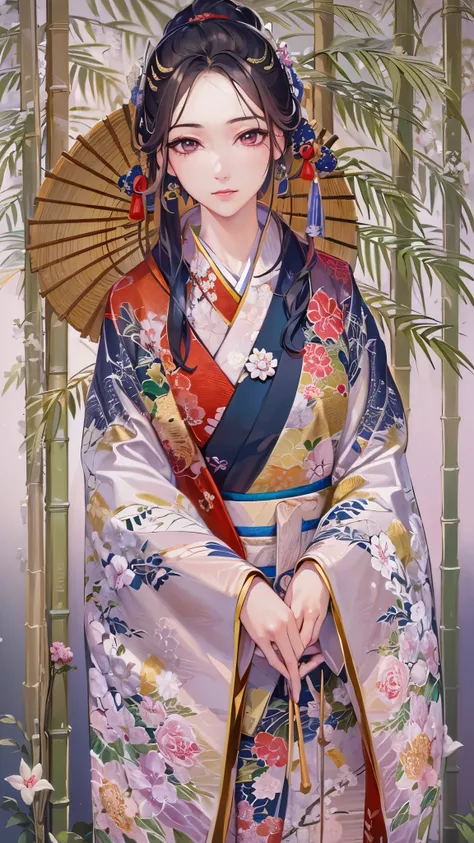 (( top quality)),( super high resolution ),( more),( detailed description ),(( best CG )),( Best Artwork ), Ultra Precision Art, Amazing Painting Art,(Exquisite art:1.5), A woman in a kimono, Yingchun, Pine, bamboo and plum