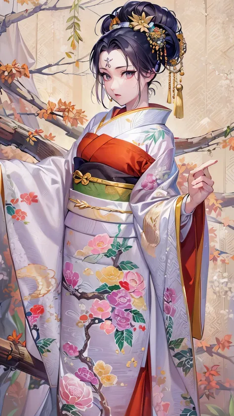 (( top quality)),( super high resolution ),( more),( detailed description ),(( best CG )),( Best Artwork ), Ultra Precision Art, Amazing Painting Art,(Exquisite art:1.5), A woman in a kimono, Yingchun, Pine, bamboo and plum