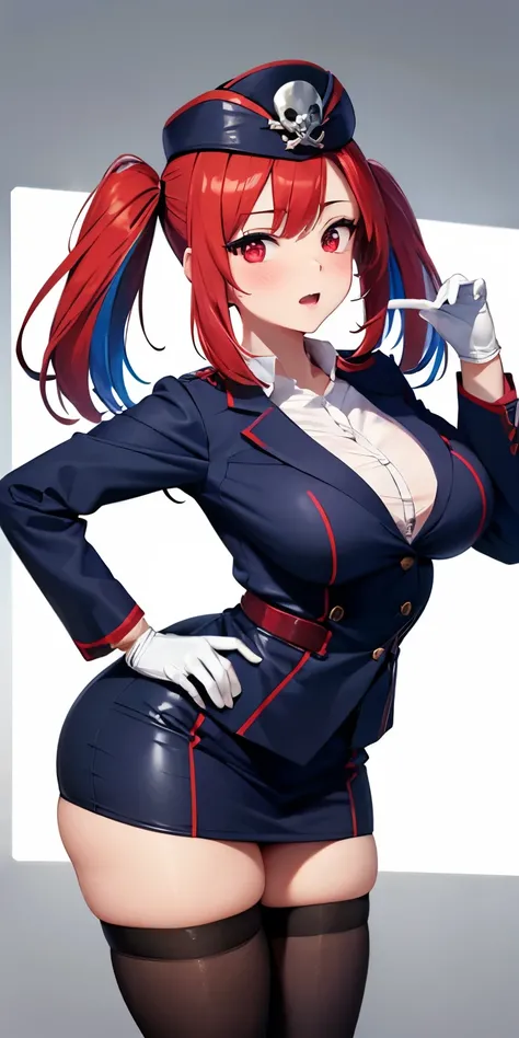 1 Female,High definition,high resolution,Ultra-realistic,8K, 1girl, solo, red hair, red eyes, twintails, employee uniform, pencil skirt, skull print, navy cap, fang, black legwear, white gloves, large breasts,European,sexy,Upper body close-up,Photographed ...