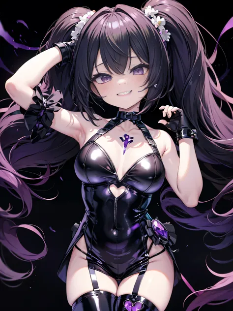 ((Highest quality)), (masterpiece)), (detailed: 1.4), Disorganized solutions、High resolution、(masterpiece:1.4)、Super detailed、Beautiful girl、Highest quality、masterpiece、Very detailed、(1 person):1.4、(Black latex)、、Twin tails、Short Twin tails、choker、:1.1,(Sh...